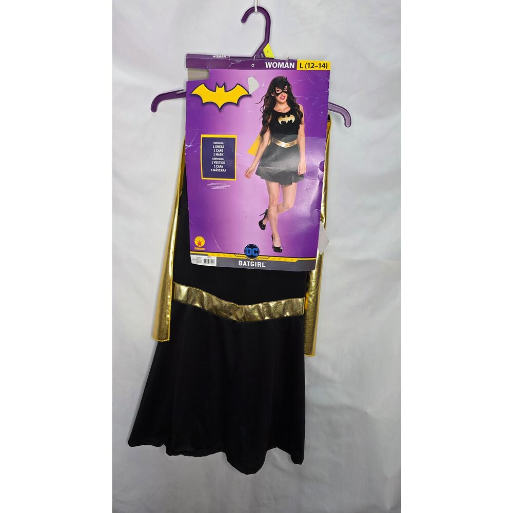 DC Batgirl Costume Women's Large 12-14 Black Gold Dress Cape Mask 3 Pc - Picture 2 of 12